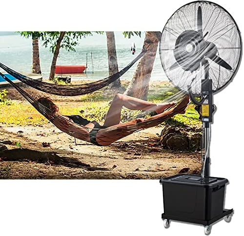 Ventilador de pedestal nebulizador para exteriores, 3 velocidades de enfriamiento, ventilador industrial oscilante de 90°, ventiladores de pulverización móviles con tanque de 11 galones, para uso en