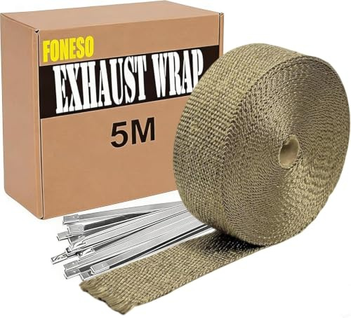 5M Hitzeschutzband Auspuff,Foneso auspuffband,Hitzeschutz Auspuff Bandage,Golden Hitzeschutzband mit 10 Kabelbinder Edelstahl,für Motorrad Fächerkrümmer Thermoband Krümmerband