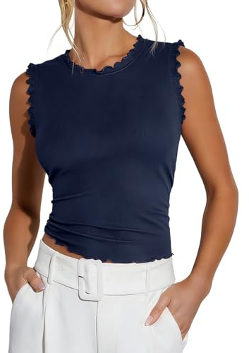 LACOZY Women's Tank Tops Ruffle Shirts Ribbed Knit Blouse Country Concert Sleeveless Tshirt Casual Beach Summer Clothes Blue M