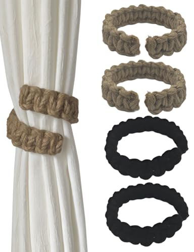YIPFEN Alzapaños para Cortinas Sujeta Cortinas, 4 Piezas (2 Negros, 2 Marrones) de Cuerda Algodón Lino Trenzado Boho, sin Taladrar, Decoración Hogar Salón Dormitorio