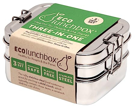 ECOlunchbox Three-in-One Stainless Steel Bento Box (31oz) – 3 Piece Nesting Lunch Container with Snack Pod – Plastic Free, Non Toxic, Dishwasher Safe, Not Leak-Proof