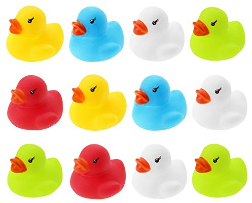 Wellgro, 12 paperelle da bagno colorate (giallo, rosso, bianco, blu, verde), ogni anatra ca. 3,5 x 3 cm (diametro x altezza), in rete