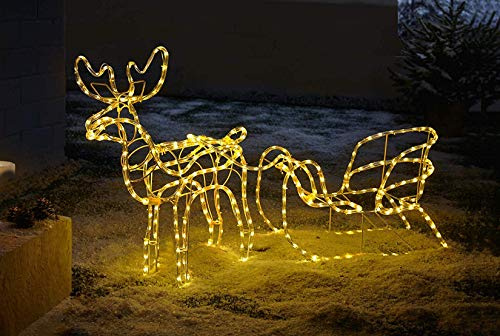 LED Deko Rentier mit Schlitten 177 cm lang, Weihnachtsbeleuchtung für Draussen, Weihnachtsdeko mit Lichterkette, Gartendeko mit Lichtschlauch