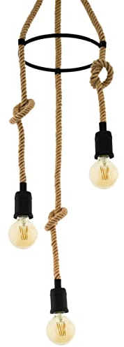 EGLO Pendelleuchte Rampside, 3 flammige Hängelampe Vintage, Industrial, Retro, Hängeleuchte aus Stahl und Naturseil in Schwarz, Natur, Esstischlampe, Wohnzimmerlampe hängend mit E27 Fassung