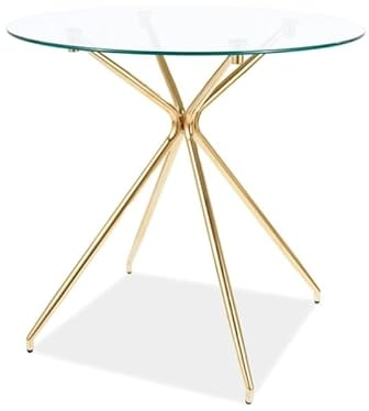 SIGNAL MEBLE Runder Tisch aus transparentem Hartglas mit Füßen aus vergoldetem Metall – 4 Besteckteile – D 80 cm x H 76 cm