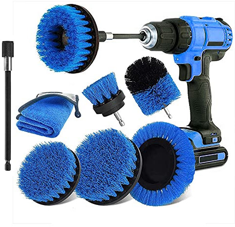 Bohrerbürstenaufsatz-Set, 8-teilig, Reinigungsbürste, mit verlängerter Langer Befestigung, Mikrofaser-Handtuch, für Wanne, Fliesen, Boden, Badezimmer, Waschbecken, Fugenmörtel, Küche und Auto (blau)