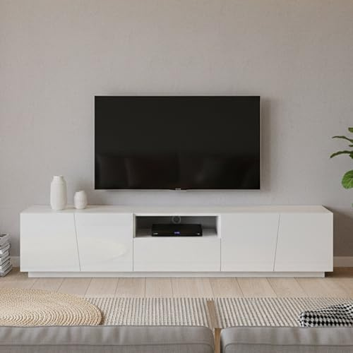 Dmora - Meuble TV Paul, Buffet bas de salon, Base pour meuble TV, 100% Made in Italy, 220x43h46 cm, Blanc brillant