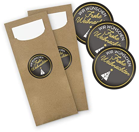 itenga 24x Bestecktaschen Kraftpapier braun Wir wünschen Frohe Weihnachten schwarz weiß gold Pochetten inkl. Serviette und Sticker Aufkleber Tischdeko Einweggeschirr