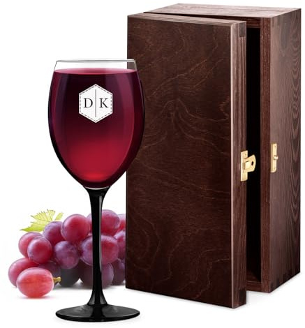 Maverton Wine Glass with a Black stem and Base, Initials | 330ml “U” Shaped Glass for Man, Stylish, Personalised Wine Glass for him