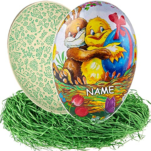 alles-meine.de GmbH 10 Stück Ostereier/Eier zum befüllen + Ostergras Anzahl frei wählbar Osterhase & Küken - 15 cm - inkl. Name - Füll - Pappei - Deko Pappe Papp Pappeier..
