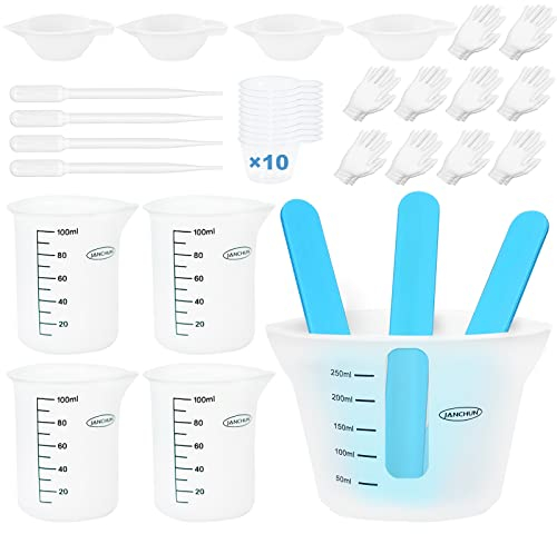 JANCHUN Silicone Measuring Cups for Epoxy Resin, 250ml and 100ml with Hard Stir Sticks, Epoxy Mixer, Color Cups, Mixing Tools for Molds and Jewelry Making, Easy to Clean