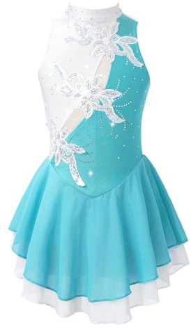 inlzdz Vestido de Patinaje Artístico para Niñas Maillot sin Manga de Danza con Falda Tul Leotardo Gimnasia Rítmica Competición Disfraz Brillante Baile C Lago Verde 9-10 años