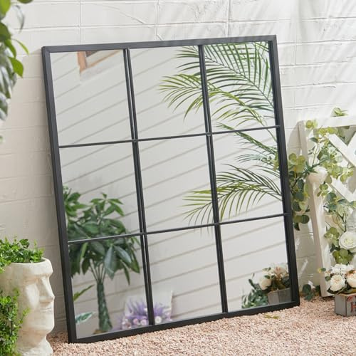 Warmiehomy Large Window Mirror Wall Garden Mirror with Metal Frame for Living Room Courtyard Garden Hallway (Black, 90x90cm)