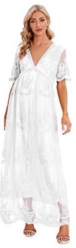 ZIUMUDY Maternity Floral Lace V Neck Wedding Dress Short Sleeve Maternity Long Dress for Photoshoot Baby Shower (White, Large)