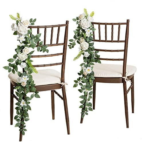 Ling's Moment 10pcs Wedding Chair Decorations Aisle Floral Swag Artificial Pew Flowers Hanging Garland White & Sage Green For Ceremony Reception Church Rose Floral Faux Arrangement Party Outdoor Decor