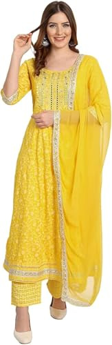 Rangnavi kvinnor Rayon Anarkali broderat tryckt Kurta byxor och Dupatta Set, Gul, XL