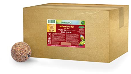 ERDTMANNS - 60 Meisenknödel Plus Frucht ohne Netz für Wildvögel I Premium Sortiment I Hoher Fruchtanteil I Wertvolle Zutaten I Umweltfreundlich I Große Menge