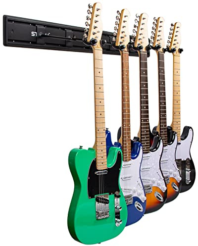 STRICH SMH-05A - Perchas de montaje en pared para múltiples guitarras, 48.5 pulgadas de ancho con capacidad para 5 guitarras, soporte de aluminio fuerte para guitarras, soporte para bajo, juego de