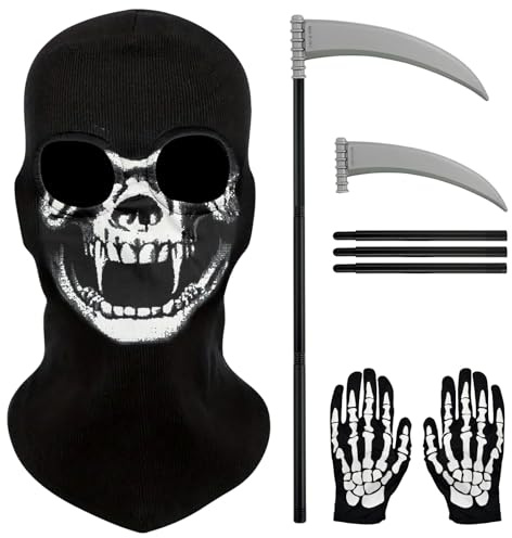 SHOWHEEL 3 Piezas Mascara Calavera Adulto set,1 Máscara de Calavera+1 Guantes Esqueleto+1 Halloween Sickle,para Halloween,Carnival,cosplay,Ciclismo y Senderismo (Negro1)