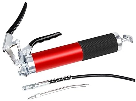 KJOET Pistolet graisseur Manuel à Levier Robuste Pistolet à Graisse Rouge 6000 PSI, poignée Pistolet 400cc avec Tuyau Flexible de 18 Pouces Rigide