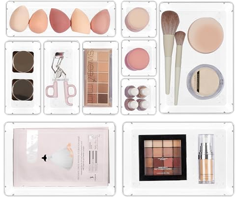 Vtopmart 10 Pack Kitchen Drawer Organisers Set, 4-Size Versatile Bathroom and Vanity Drawer Organizer Trays, Clear Plastic Storage Bins for Makeup, Bedroom, Kitchen Gadgets Utensils and Office