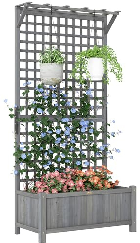 Outsunny Wood Planter with Trellis, Raised Garden Bed for Climbing Plants w/Drainage Holes and Roof, 35.5 x 17.75 x 72, Dark Gray
