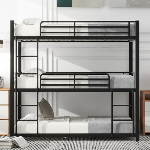 MQLAE Hochbett 90x200 cm, Metallbett Bettgestell 90x200, Rausfallschutz Bett Kinder, Bettrahmen mit Lattenroste aus Metall, Dreifach-Etagenbett für Kinder, Jugendliche und Erwachsene, Schwarz