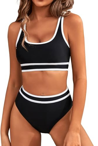Genfien Tvådelad baddräkt dam push-up vadderad bh stretch bikini hög midja badkläder badkläder justerbar, Svart, XL