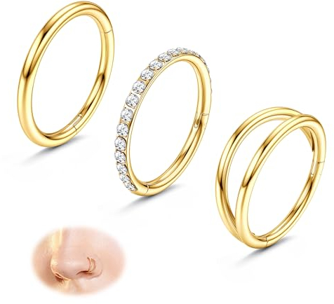 Sllaiss 316L Edelstahl Nasenpiercing Ring 3 Stücke Nasenring Piercing für Frauen Doppelt Nasenring Gold Zirkonia Nasenpiercing 18G Nasen Piercing Set Gold