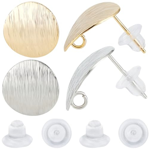 Beebeecraft 20Pcs 2 Farben Flache Runde Ohrstecker 15mm Rohlinge Ohrhaken | 18 Karat Vergoldet & Platiniert Ovale Glatte Ohrstecker Mit Schlaufe Und 20 Stück Ohrmuttern Für Herstellung von Ohrringen