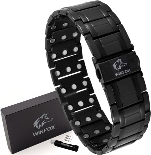 Bracelet Magnetique Homme PREMIUM, Titane, Le Plus Puissant du marché, Bijou Aimanté Inoxydable, Ultra Résistant, 60 Aimants en Néodyme de Terre Rare, Outil de Dimensionnement, WINFOX777 (noir)