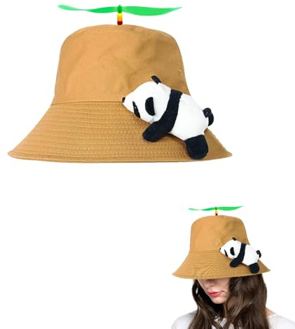 SIEBOLD Propeller mütze,Helikopter Cap,Propeller hut,Lustige mützen mit Panda,faschings party hüte mit Nachts Fluoreszierende Propeller Geeignet für Erwachsene（braun）