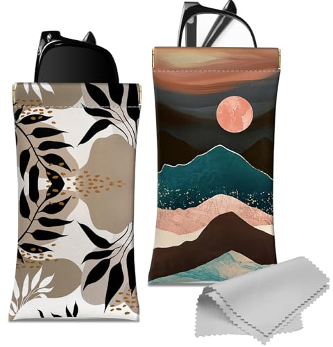 Deokke 2 Stück Weich Brillenetui,PU Leder Weiches Brillenetui Brillen Sonnenbrille Tasche Portable Squeeze Weiches Leder mit Reinigungstuch Nett Niedlich für Frauen Männer Mädchen(D17-Leaf Mountain)