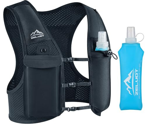 Zelvot Running Vest for Women Men, UK Original Patent, Adjustable Chest Straps Running Hydration Vest with 500ml Water Bottle, Lightweight Reflective Hydration Backpack with Phone Holder (Black, XS/S)