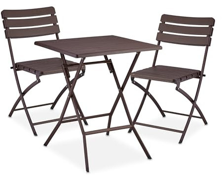 Relaxdays Juego Muebles de Balcón, Conjunto Mesa y 2 Sillas de Jardín, Plegable, Efecto Madera, Acero y Plástico, Marrón, 74 x 61 x 61 cm