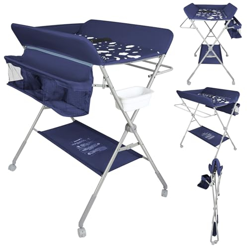 OHMG Baby Wickelkombi Klappbare Wickelkommode,Wickeltisch mit Rollen,Mobiler Wickeltisch mit Wickelauflage,Sicherheitsgurt und Ablagefächern,Wasserdicht und Höhenverstellbar,Stabil