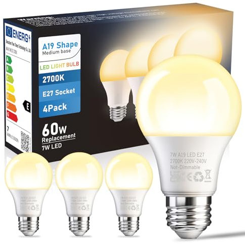 E27 LED Warmweiss Glühbirnen,7 W 806lm LED Lampe Ersetzt 60w Halogenlampe,Sparen Sie 90% Strom,Nichts Dimmbar,180° Abstrahlwinkel Energiesparlampe,2700 Kelvin Warmweiß, A19 LED Leuchtmittel, 4 Stück