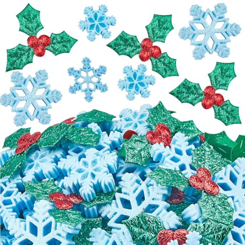 SUNNYCLUE 160 pieza de Cabujones de Copo de Nieve A Granel Hojas de Acebo Navidad Azul Invierno Hojas de Navidad Bayas Purpurina Mini Cabujones de Tela para Decoración de Álbumes de Recortes Adornos T
