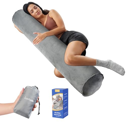 Luxtude Uppblåsbar kroppskudde för vuxna barn, resekroppskuddar för de som sover på sidan, 120 cm (47 tum) lång kramkudde, stöd kudde för säng, rund cervikal cylinderkudde för att krama sömn, rygg