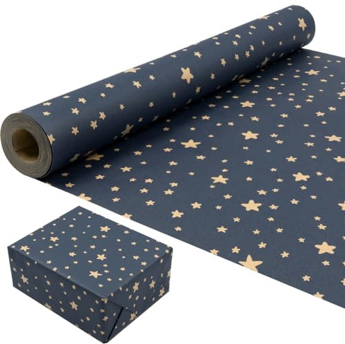 Rouleau de papier cadeau pour anniversaire : papier bleu avec motif étoile, kraft recyclable 43 cm x 15 m