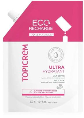 Topicrem - Eco Ricarica Ultra Idratante, Latte Corpo - Idrata 48 ore, Relipide, Protegge la Pelle - Texture Onctuosa - Crema Idratante per Pelle Sensibile, Produzione Francese - 500 ml - Ricarica