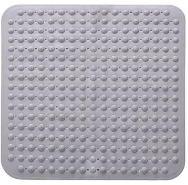 Tapis De Douche, 48 x 48 cm Tapis de Douche Carré Lavable en Machine avec Ventouse, PVC Shower Mat Non Slip, Tapis de Massage Antidérapant pour Douche et Sauna, Gris