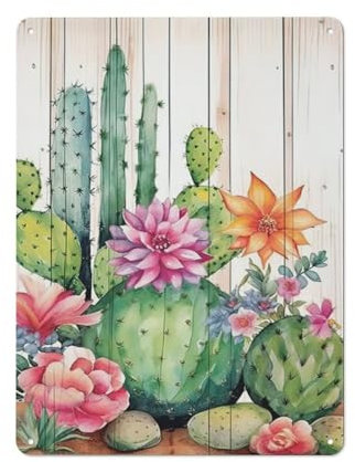 ODHHGDF Rustikales Metall-Blechschild Kaktus, Wandkunst, grüne Sukkulenten und Blumen, Bild, Malerei, tropische Pflanze, Dekor, Kunstwerk für Wohnzimmer, Badezimmer, Dekoration, 30,5 x 40,6 cm