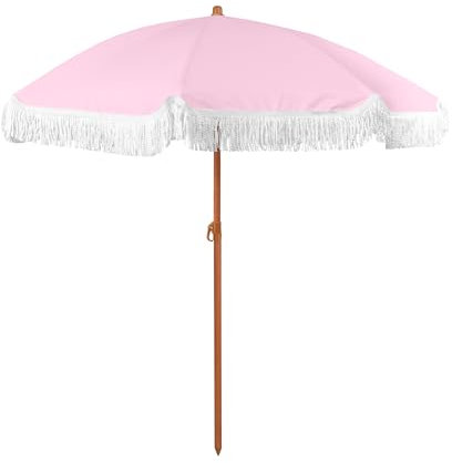 Parasol de patio vintage à franges de 1,8 m, parasol d'extérieur pour table de piscine, jardin, terrasse, plage, design élégant imprimé en bois avec bouton poussoir inclinable
