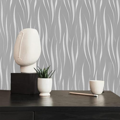 Camiraft 1 Roll Silver Gray Wallpaper Modern Curves Glitter 3D Abstract Textured Wallpaper Mural Wave Stripes Wall Paper for Bedroom Living Room TV Backdrop Hallway Kitchen