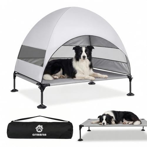 Elevated Dog Bed with UV-Proof Canopy, Raised Outdoor Dog Tent with Powerful Anti-Slip Feet, Portable Pet Cot with Wider Shade, Raised Cooling Bed for Camping, Backyard, Beach (Grey, L)