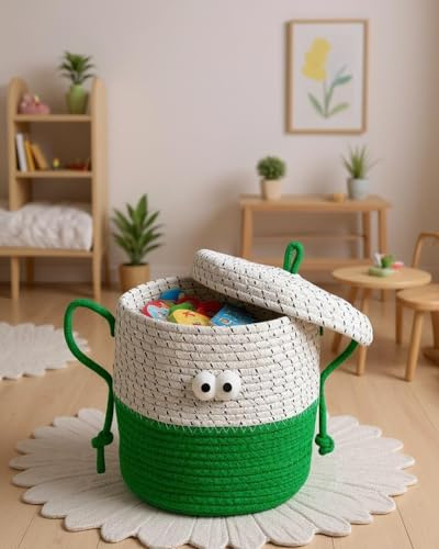 Heramin Kompakter Baumwollseil Korb mit Deckel – Gewebter Aufbewahrungskorb für Spielzeug, Kleidung & Accessoires, Runder Storage Korb mit Griffen für Kinderzimmer & Wohnzimmer – 25x25 cm