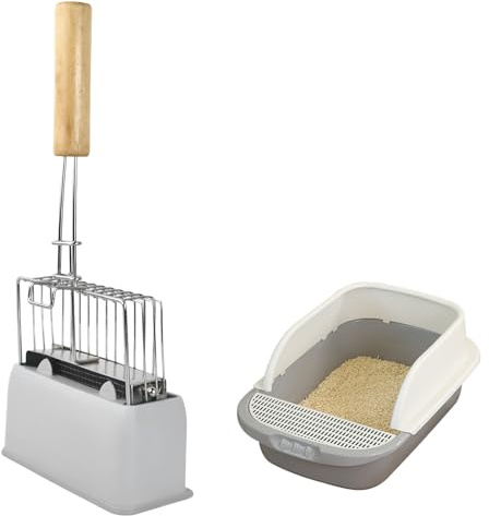 QINGZY Katzenstreuschaufel Edelstahl, Katzenklo Schaufel Metall mit Holzgriff, Katzenschaufel für Katzenklo Cat Litter Box Scoop mit Behälter zur Aufbewahrung Katzenstreuschaufel Kitten Litter Shovel