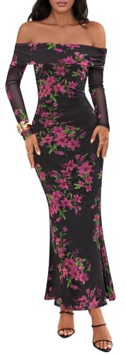 MEROKEETY Womens Fall Off Shoulder Floral Maxi Dresses, Black, X-Large | 2026 Long Sleeve, Formal Cocktail, Elegant Party Dinner Long Dress, Date Night, Bridal Shower, Floral Mesh, Prom Dresses