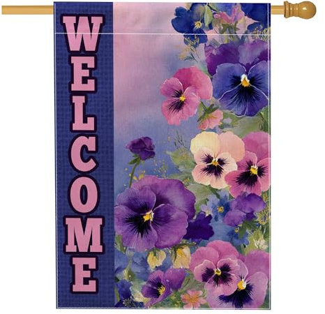 Bandiera da giardino floreale del pensiero del pensiero, viola vibrante viole del pensiero primaverile decorazione per esterni, bandiera da cortile in poliestere su entrambi i lati, decorazione